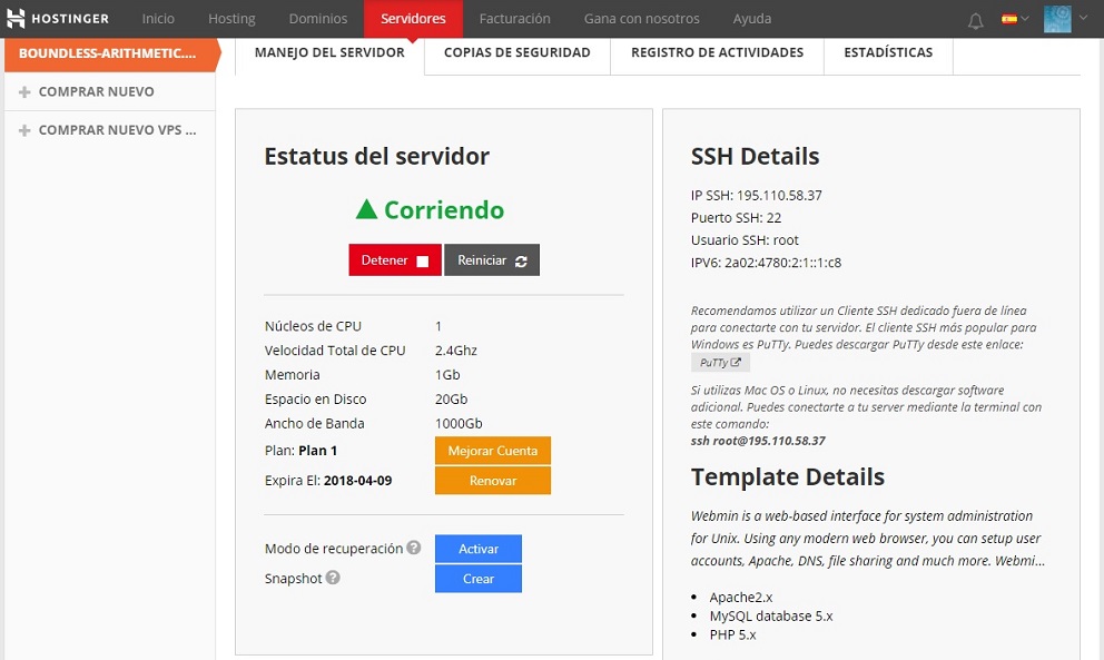 hostinger vps panel manejo servidor