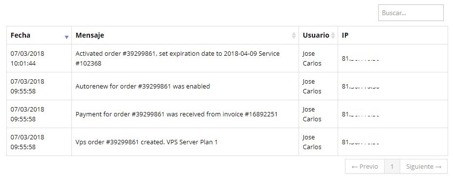 hostinger vps panel registro actividades