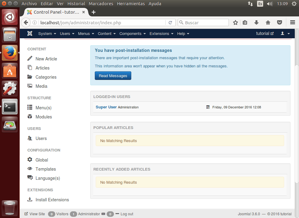 tutorial joomla admin control panel