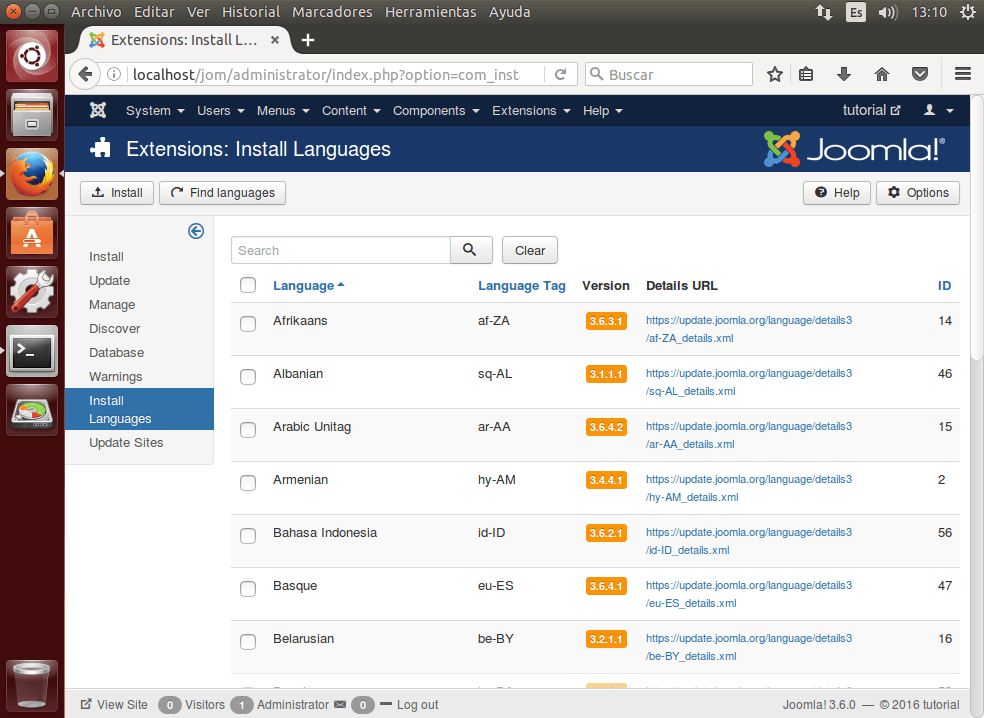 tutorial joomla admin install languages