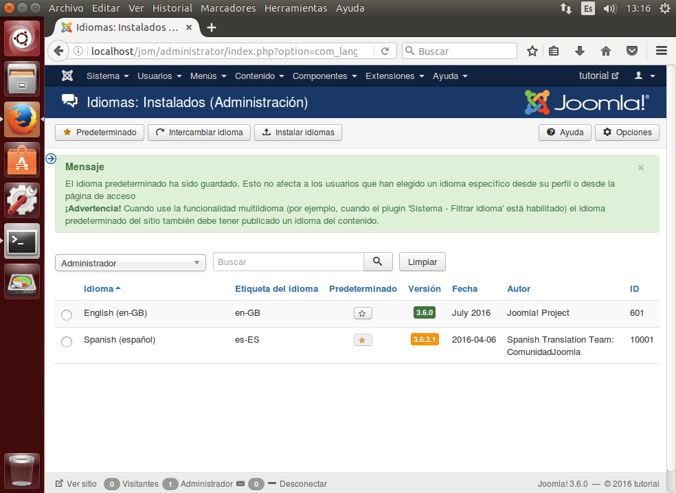 tutorial joomla admin install languages2 admin spa ok