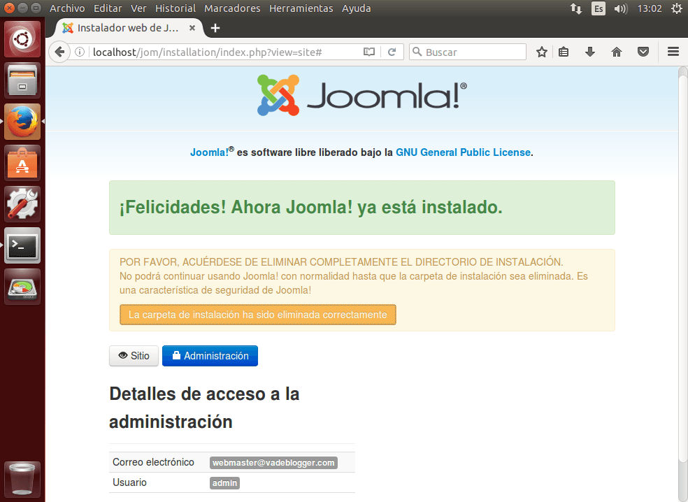 tutorial joomla carpeta install borrada