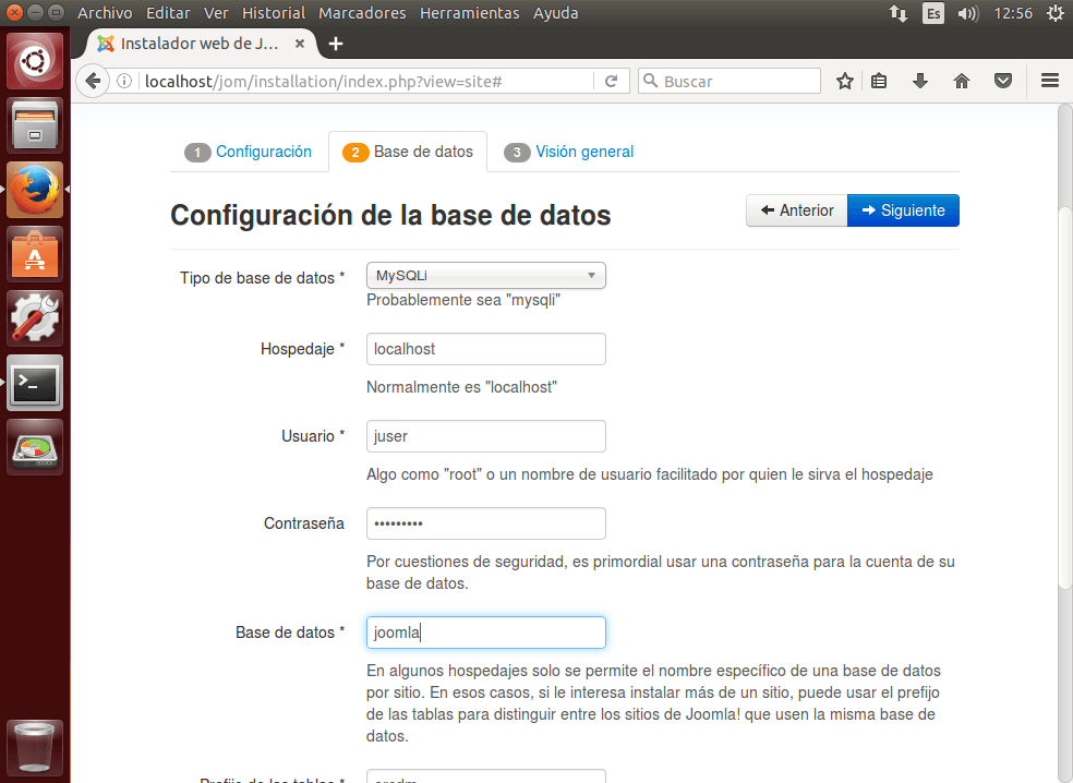 tutorial joomla configurar base datos