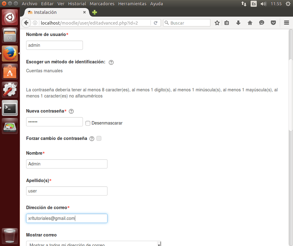 instalar moodle crear admin