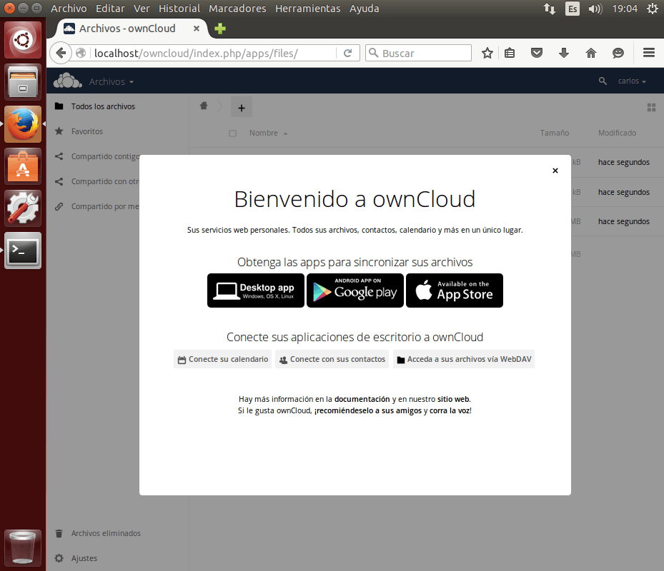 owncloud instalacion completada
