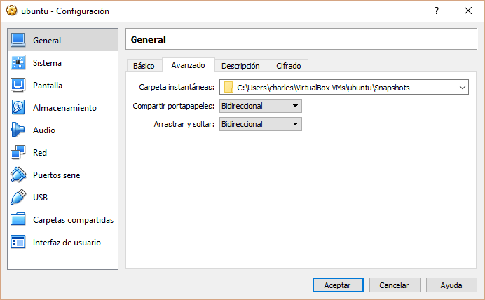 virtualbox configuracion general