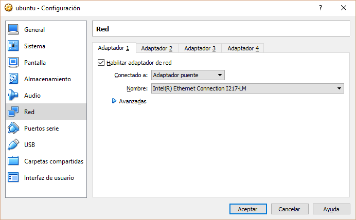 virtualbox configuracion red